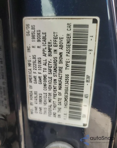 2006 Honda Accord Se из США, поврежденный, VIN 1HGCM563X6A134566